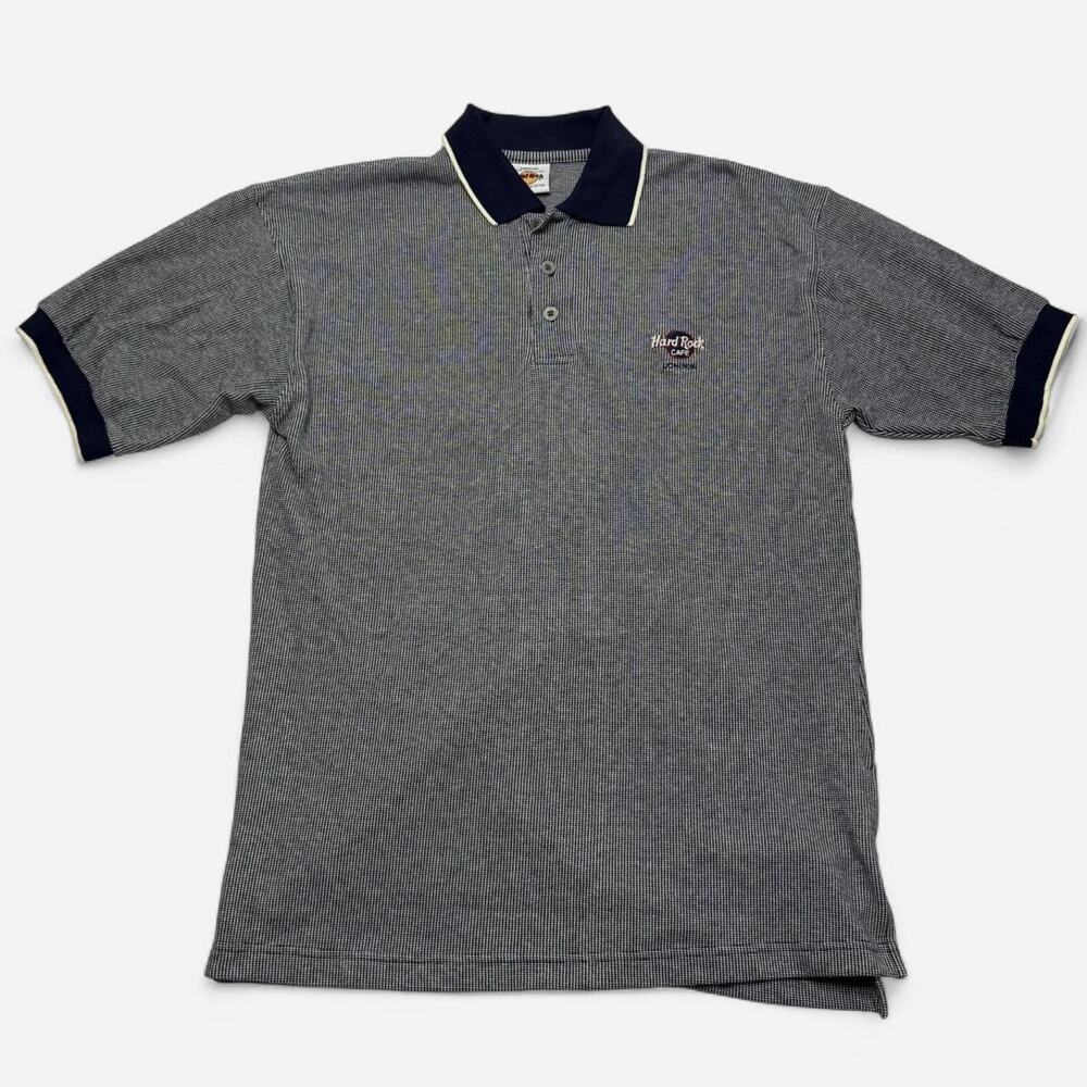 Hard Rock Cafe London Polo Shirt Medium Black White Micro CheckLogo Short Sleeve